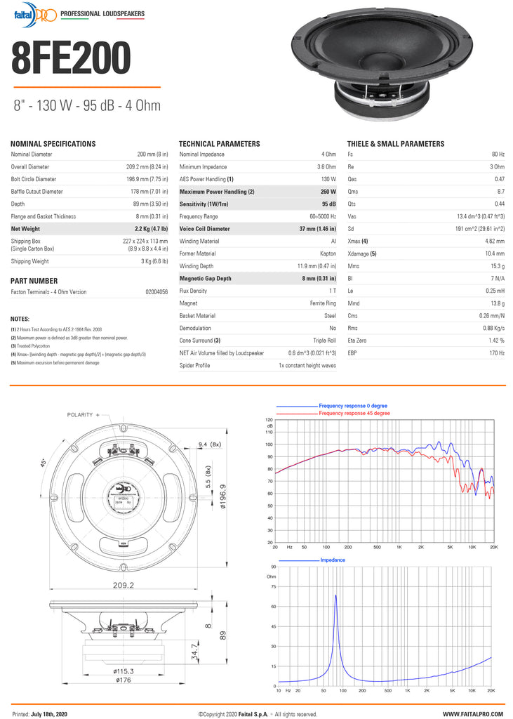 KIT SET VOOR FAITAL PRO 8FE200 8 ohm, 1 woofer luidspreker 20 cm 200 mm 8 diameter 130 watt rms en 260 watt max voor thuis gevoeligheid 95 db, 1 stuk KIT SET VOOR FAITAL PRO 8FE200 8 ohm, 1 woofer luidspreker 20 cm 200 mm 8 diameter 130 watt rms en 260 watt max voor thuis gevoeligheid 95 db, 1 stuk