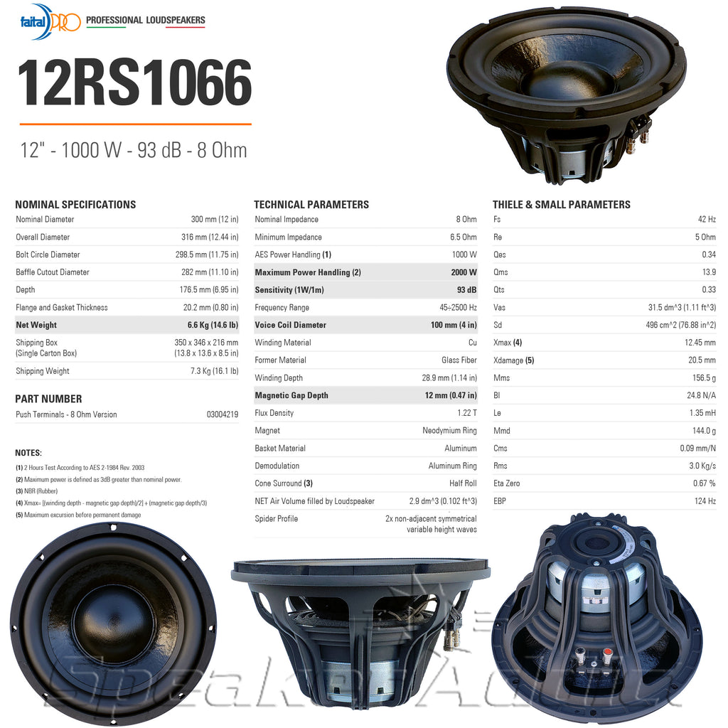 Faital PRO 12RS1066 12 Inch Long Excursion Neo Subwoofer 4inch VC 2000 Watt