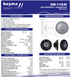 Beyma 18" SM-118 800 Watt 8 Ohm SQ IB OB Woofer Subwoofer 3" Voice Coil
