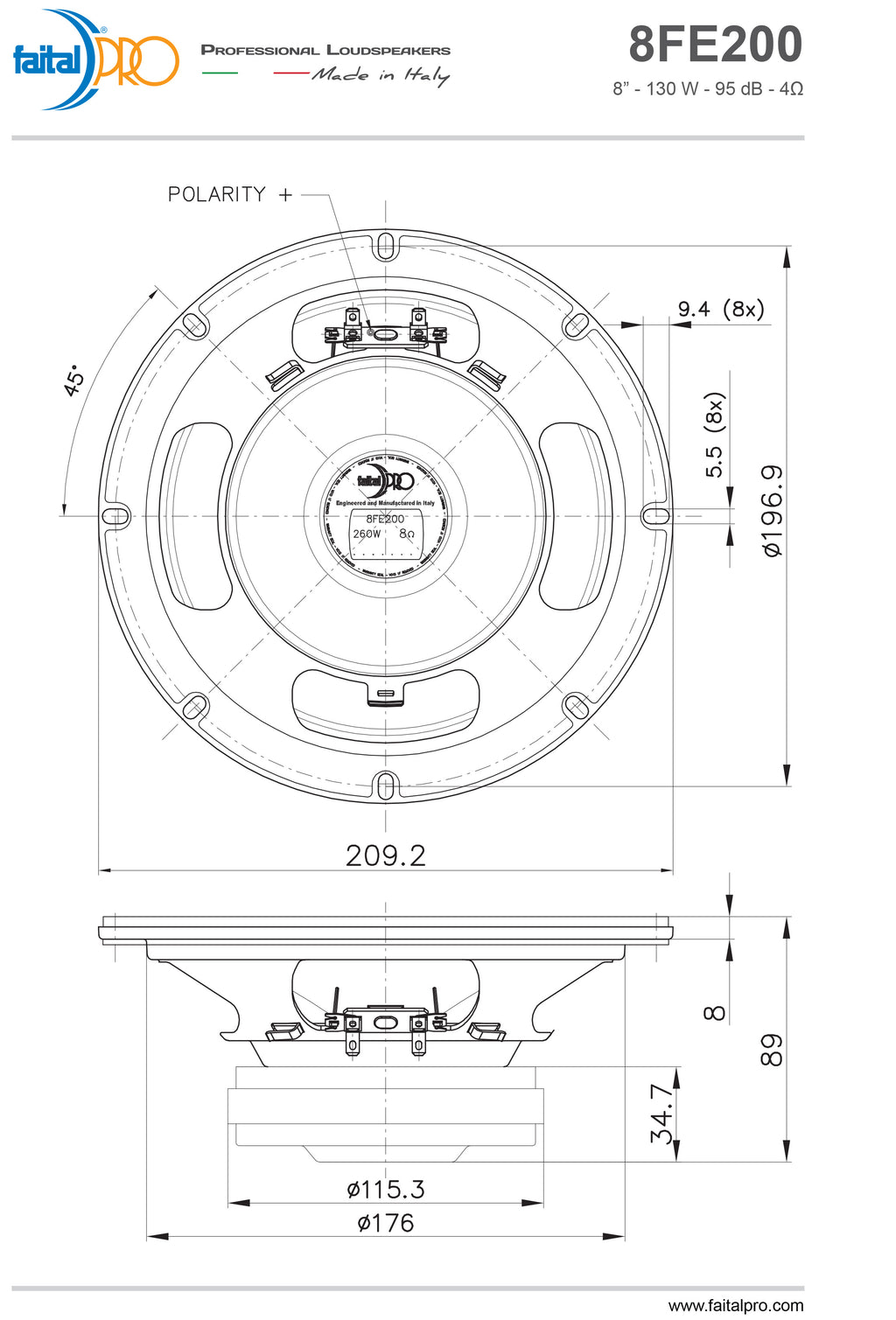 Faital PRO 8FE200 4ohm 8 inch Midrange Woofer Voice Speaker  260W 95dB